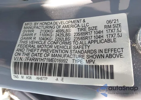 2021 Honda Cr-V Se из США, поврежденный, VIN 7FARW1H71ME016992